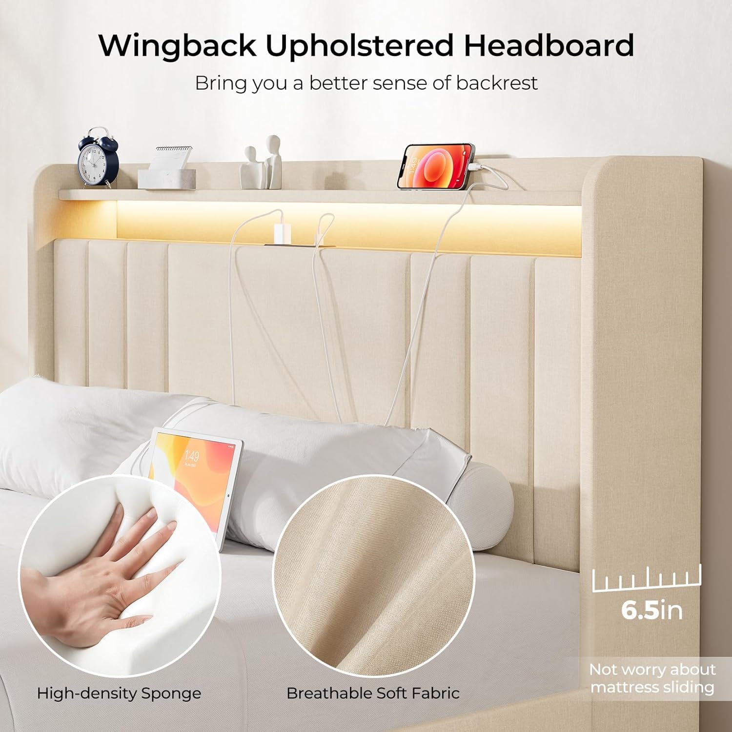 Queen Bed Frame with Storage, Tall Headboard Upholstered Platform Bed with 4 Dustproof Drawers, 2-Tier Storage Headboard Wingback, LED Light & Charging Station, 47''-51'' Height Adjust, Beige