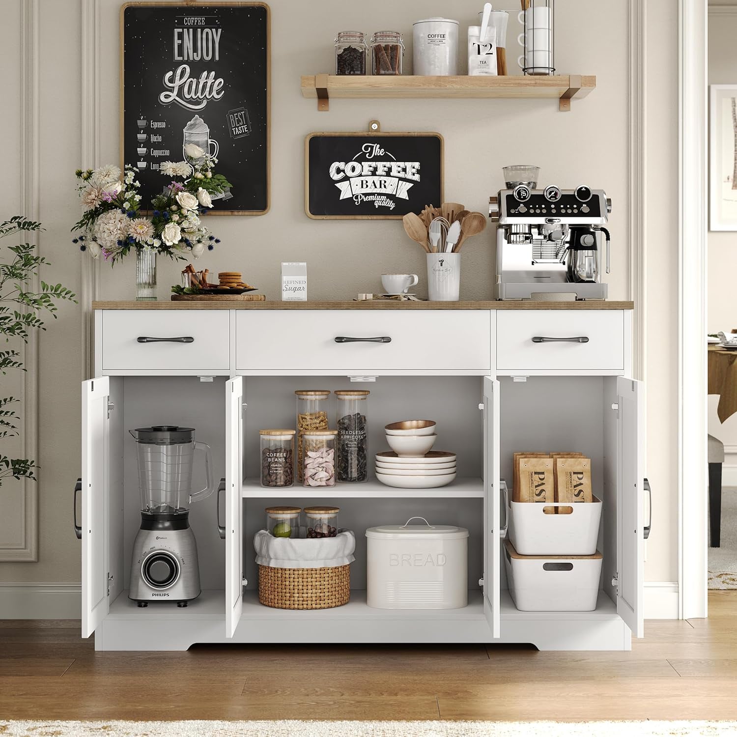 Buffet Cabinet with Drawers, 55" Large Sideboard Buffet Storage Cabinet with Shelves and Doors, Modern Farmhouse Coffee Bar Station Wood Kitchen Table for Kitchen, Dining Room, White/Rustic