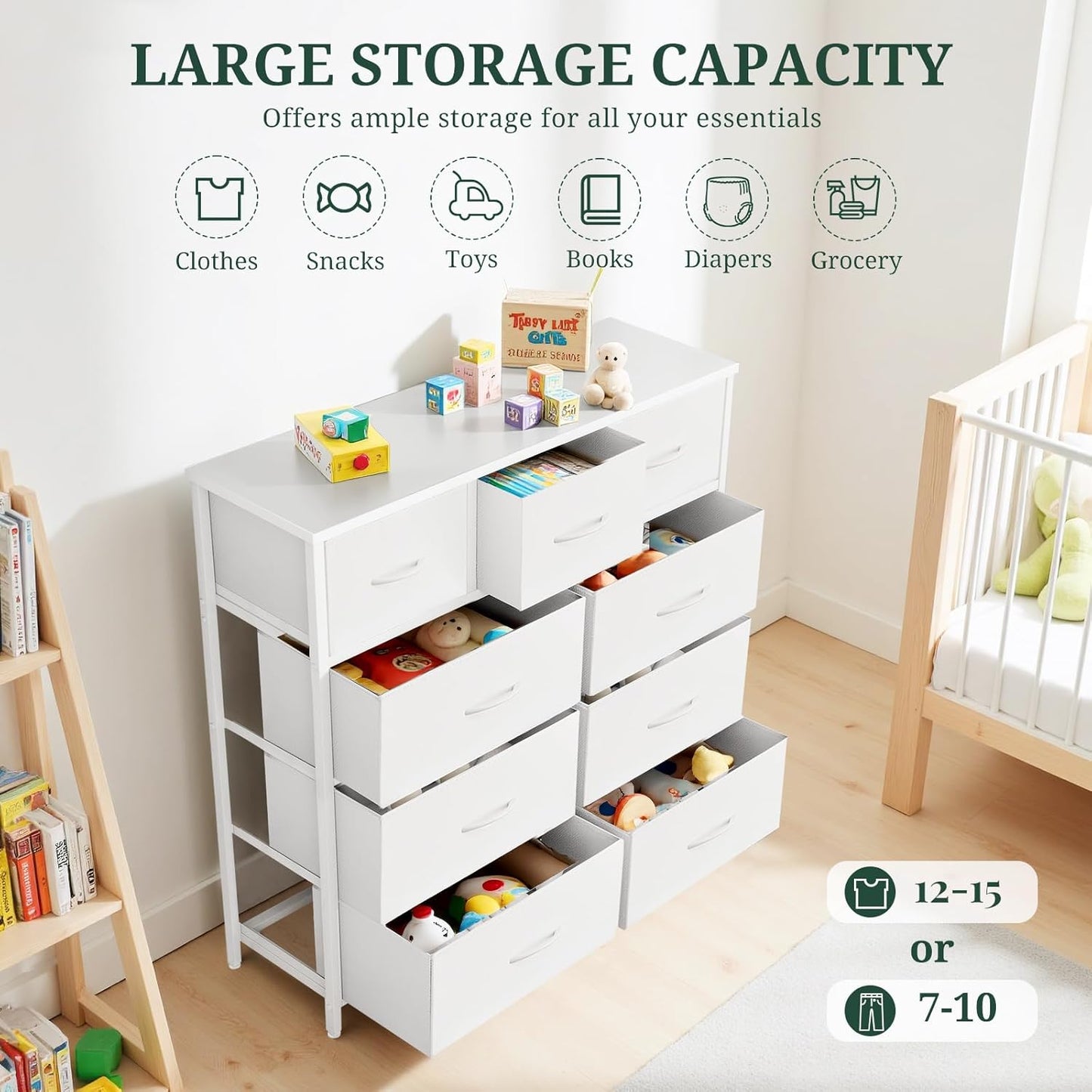 9-Drawer Dresser for Bedroom, Anti-Tip Tall Storage Organizer Chest of Drawers with Wooden Top and Metal Frame Fabric Bins for Closet, Living Room, Hallway, Entryway, White