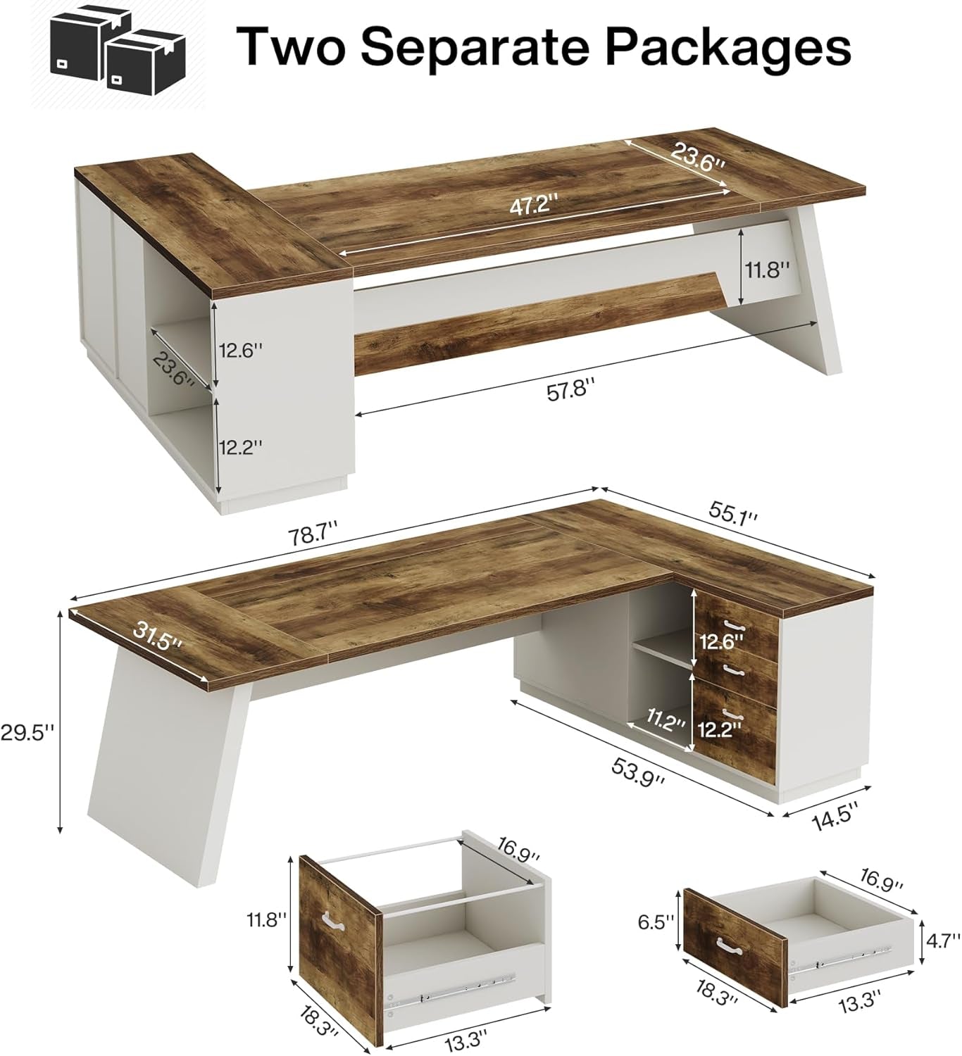 78" L-Shaped Executive Desk, Large Modern Office Desk with Drawers and Lateral File Cabinet, Business Furniture with Storage Shelves, Big Computer Desk for Home Office (Brown + White)