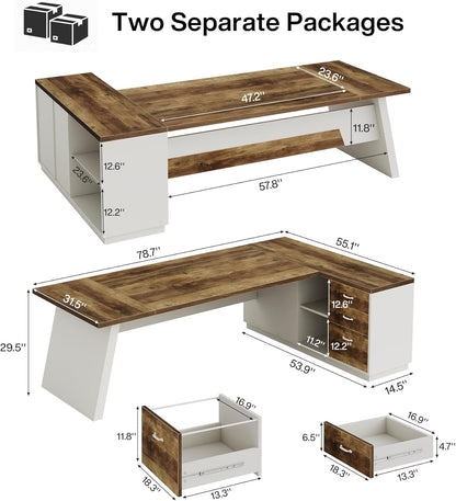 78" L-Shaped Executive Desk, Large Modern Office Desk with Drawers and Lateral File Cabinet, Business Furniture with Storage Shelves, Big Computer Desk for Home Office (Brown + White)