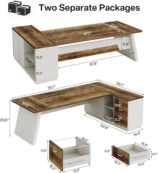 78" L-Shaped Executive Desk, Large Modern Office Desk with Drawers and Lateral File Cabinet, Business Furniture with Storage Shelves, Big Computer Desk for Home Office (Brown + White)