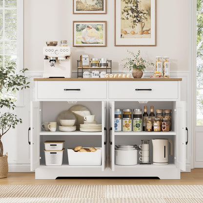 Buffet Cabinet with Storage, 47.2" Kitchen Sideboard Buffet with Drawers, Modern Farmhouse Coffee Bar Station with Shelves, Barn Doors Storage Cabinet for Living Room, White/Rustic Brown