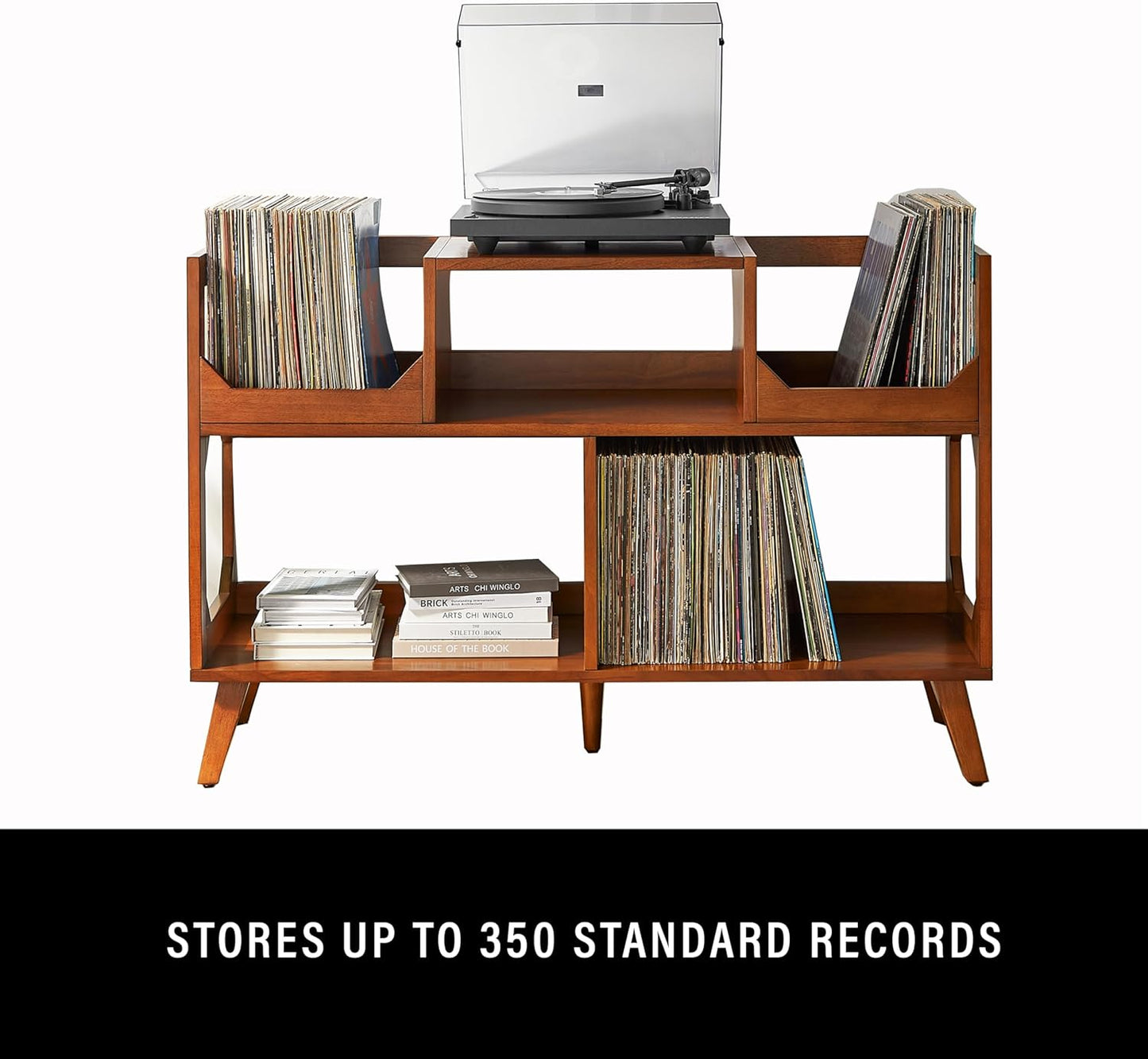 Asheville Mid-Century Modern Media Console Record Player Stand, Storage for Vinyl Records, Large, Walnut