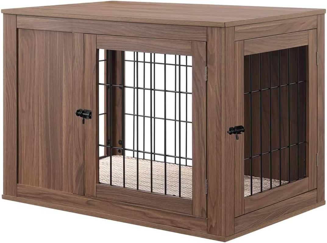 36 Inch Furniture Style Dog Crate End Table with Cushion, Wooden Wire Pet Kennels with Double Doors, Medium Dog House Indoor Use (Walnut, Medium)