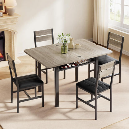 Dining Table Set for 4, Extendable Kitchen Table with 4 PU Leather Upholstered Dining Room Chairs, Wood Kitchen Table Set with Built-In Storage Rack for Dining & Small Spaces, Grey