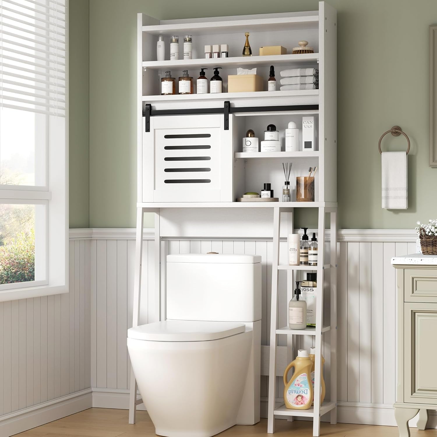 over the Toilet Storage Cabinet, Bathroom Storage Cabinet over Toilet with Sliding Doors, White