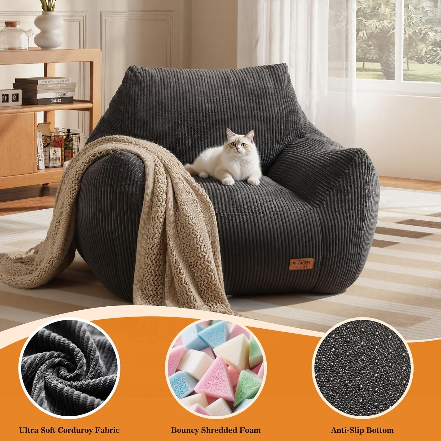 Big Bean Bag Chair for Adults & Kids, Ultra Soft Living Room Bean Bag with Armrests, Stuffed Beanbag Floor Sofa for Napping, Gaming, Lounging, Dark Gray