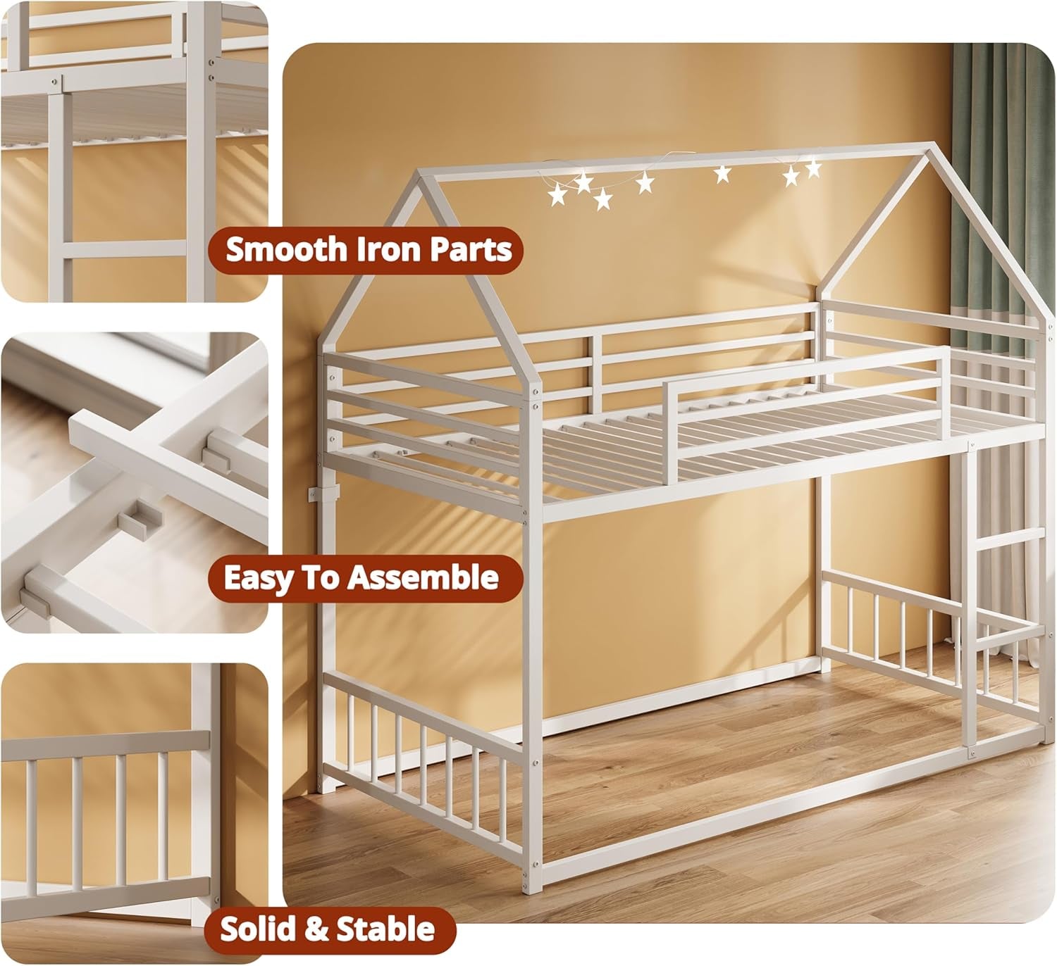 Bunk Bed Twin over Twin, House Bunk Bed Frame with Ladder and Guardrail, House Shaped with Metal Slats for Dormitory and Bedroom, Space Saving, No Box Spring Needed, White