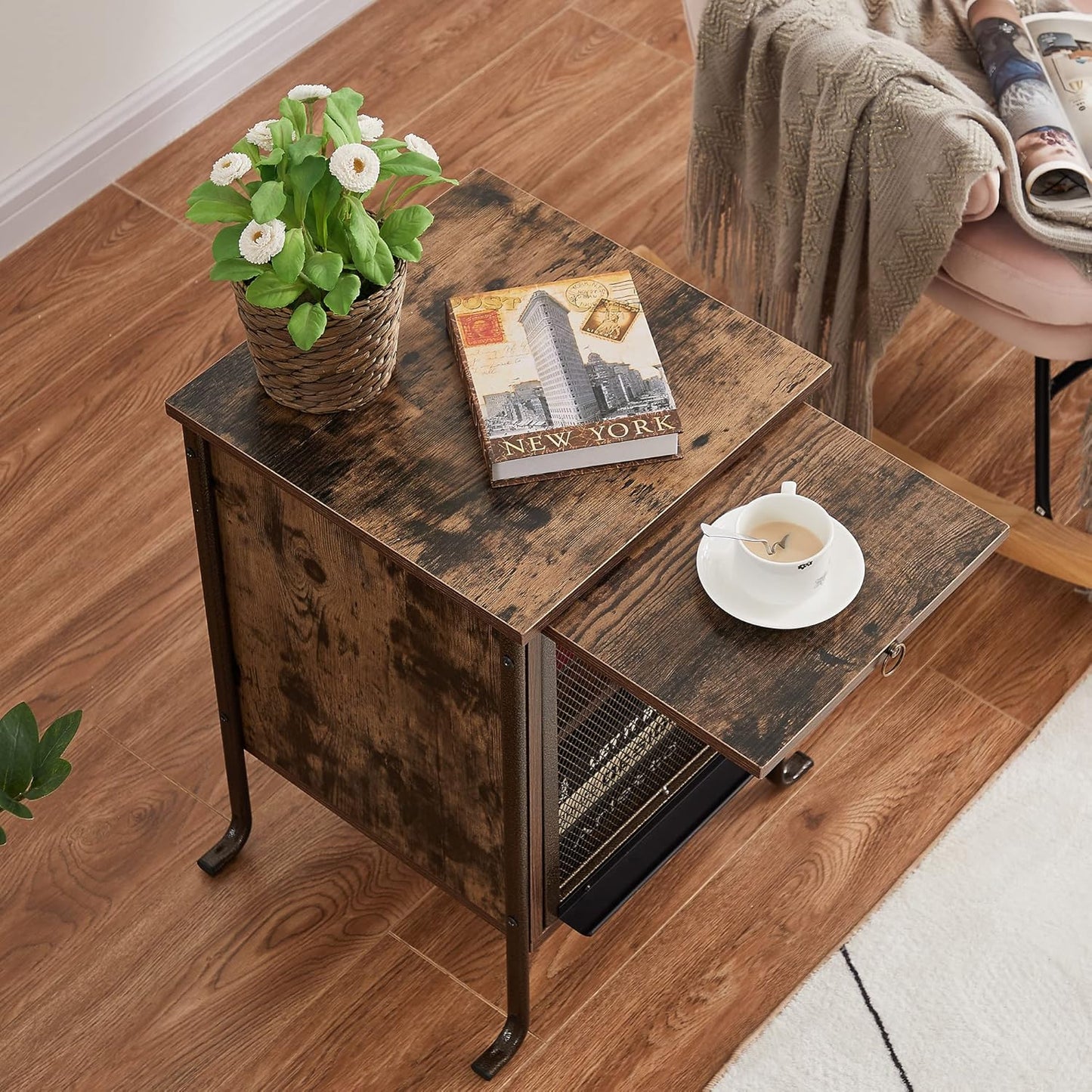 Side/End Table with Pull-Out Tray and 2 Tier Storage Shelf for Small Spaces/Chairside/Bedside Bedroom, Nightstand Steel Frame, Rustic Brown
