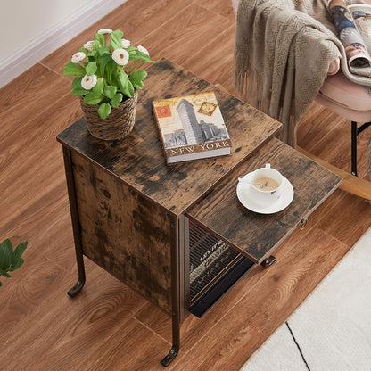 Side/End Table with Pull-Out Tray and 2 Tier Storage Shelf for Small Spaces/Chairside/Bedside Bedroom, Nightstand Steel Frame, Rustic Brown