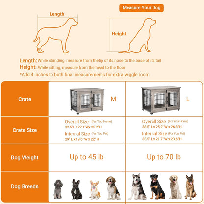 Dog Crate Furniture for Medium Dogs, 32'' Dog Kennel Indoor with Cushion & Wheels Wooden Dog Cage Double Doors Dog Crate End Table, White