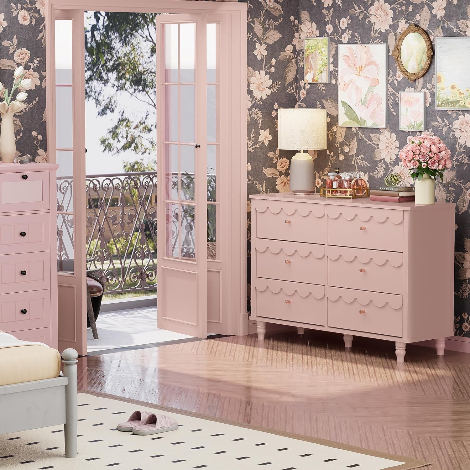 Bedroom Set 2 PCS 6 Drawer Dresser and Night Stand Sets for Bedroom, Two Drawers Nightstand & Scalloped 6 Drawer Dresser Combo 2 Pieces (Pink)