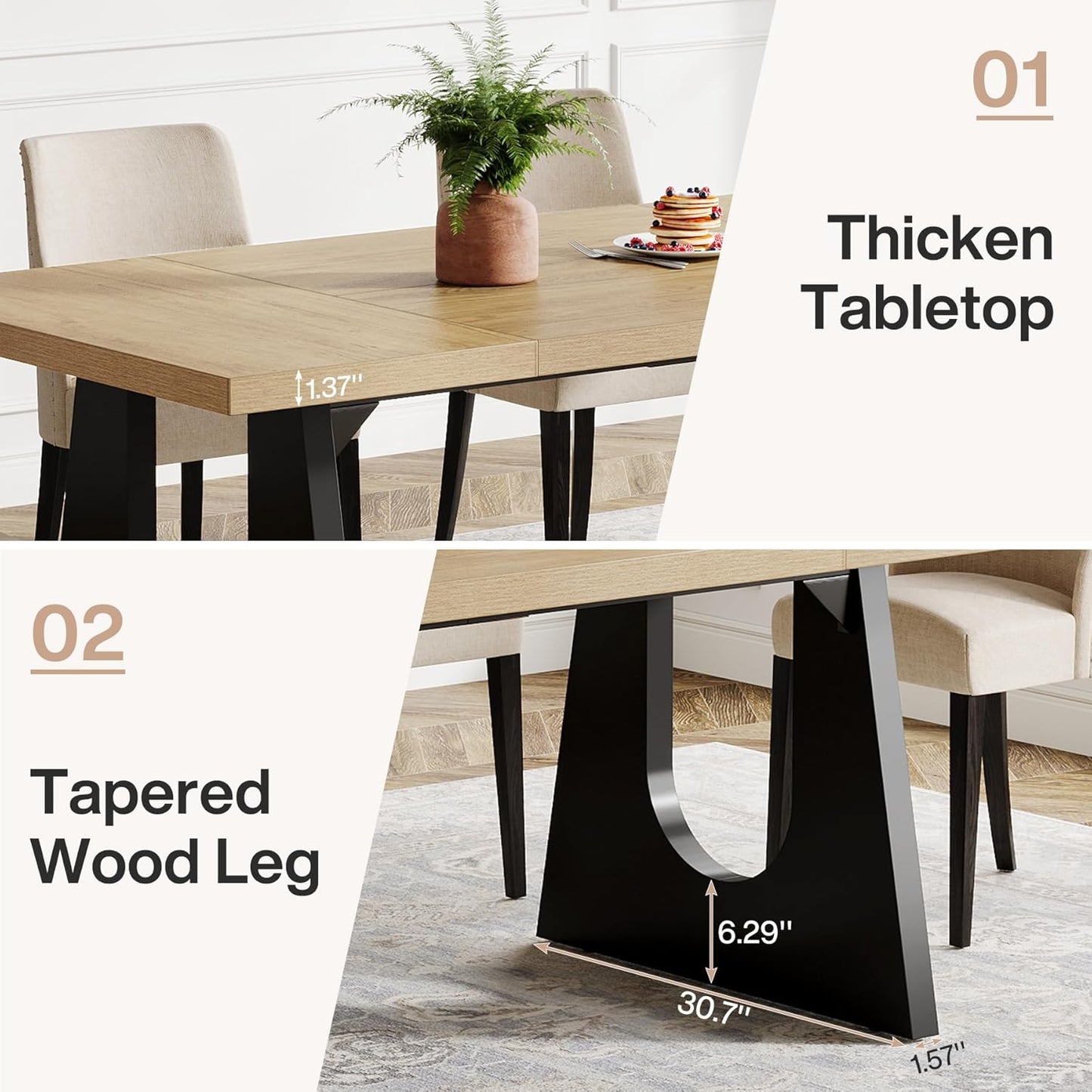 Large Dining Table for 6-8 People, 70.9-Inch Wood Rustic Rectangular Table with Black Wooden Legs, Farmhouse Center Kitchen Table for Dining Room, Living Room, Home Furniture, Oak and Black