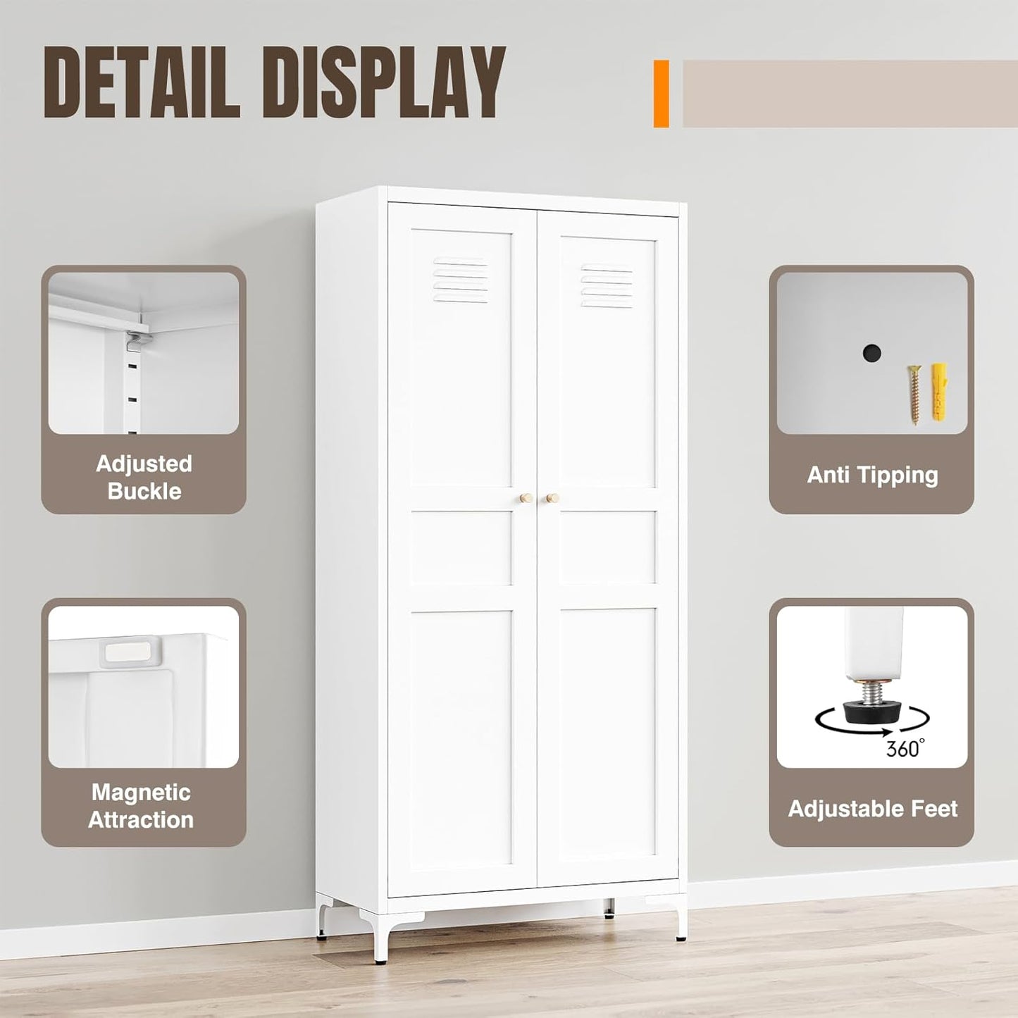 Metal Storage Cabinet with 2 Doors and 4 Adjustable Shelves - 61" White Kitchen Pantry Storage 5-Tier Tall Steel Cabinets Locker for Kitchen, Living Room, Dining Room