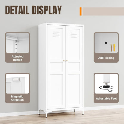 Metal Storage Cabinet with 2 Doors and 4 Adjustable Shelves - 61" White Kitchen Pantry Storage 5-Tier Tall Steel Cabinets Locker for Kitchen, Living Room, Dining Room