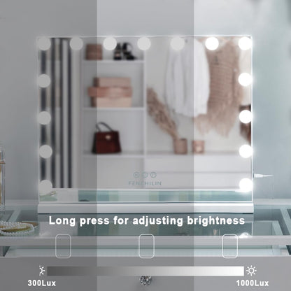 Vanity Mirror with Lights, Hollywood Lighted Makeup Mirror with 15 Dimmable LED Bulbs for Dressing Room & Bedroom, Slim Metal Frame Design, White