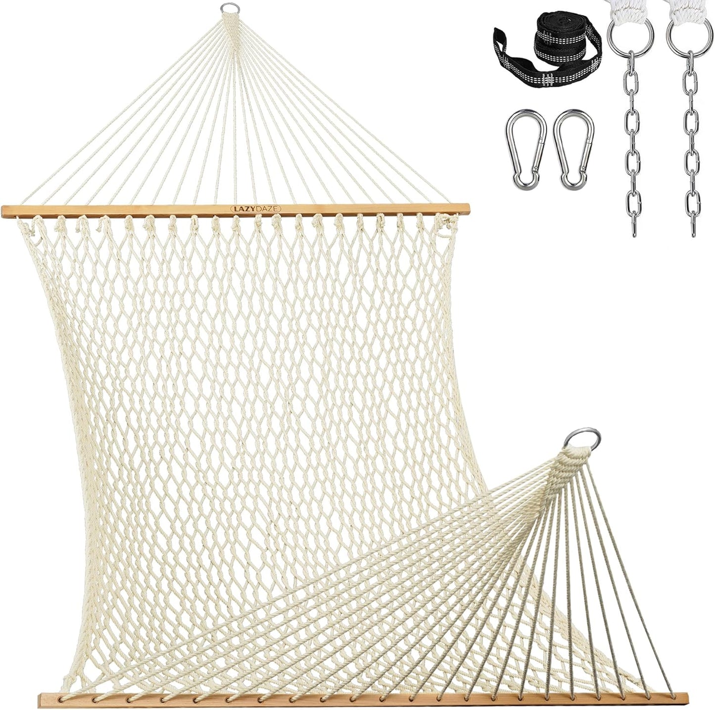 13-FT Polyester Rope Hammock, Double 2 Person Traditional Hand Woven Outdoor Hammock with Spreader Bar, Carabiners, Tree Straps, Chains for outside Patio- Max 450 Lbs, Natural