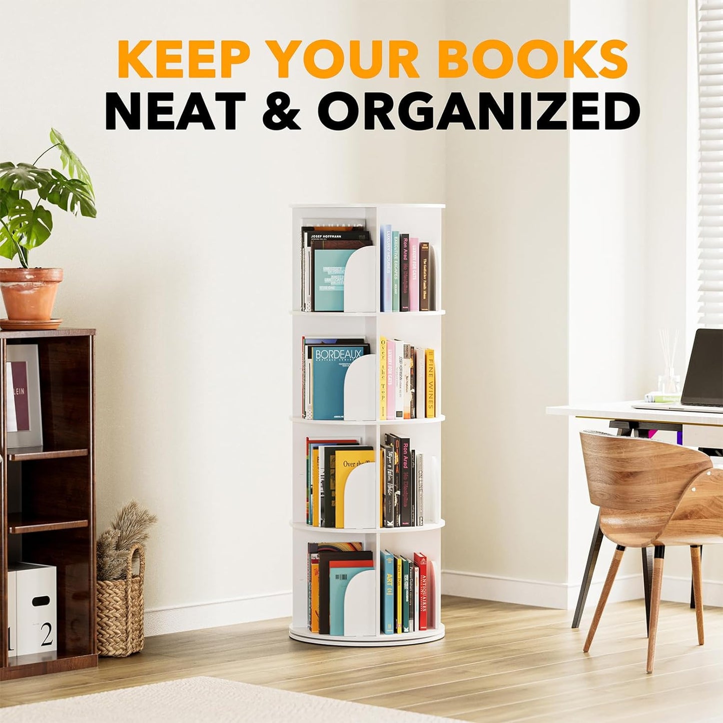4 Tier Rotating Bookshelf Tower, Spinning Bookcase Lazy Susan, Revolving 360 Book Shelf Storage round Carousel, Vertical Rotate Turning Spiral Corner Organizer, White