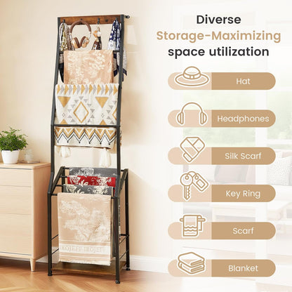 Blanket Ladder, 7 Tier Wooden Ladder Shelf with Hooks, 5.5Ft Blanket Holder Rack Farmhouse Ladder Rack for Storage and Home Decor, Rustic Brown and Black
