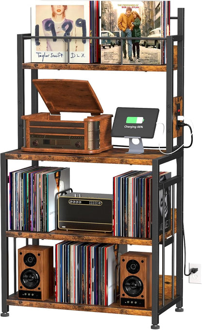 Record Player Stand with Vinyl Storage, Turntable Stand Holds up to 300 Albums, Large Record Player Table with Charge Station, Vinyl Record Stand for Living Room
