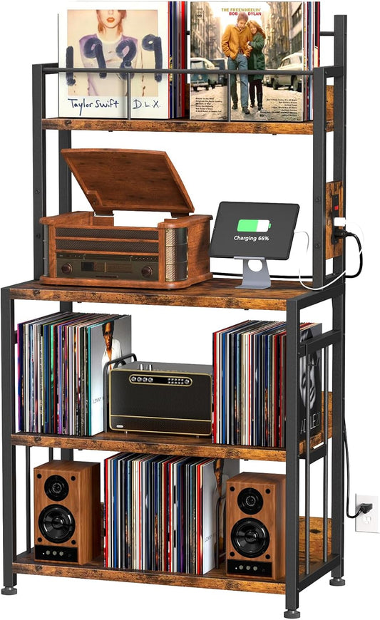Record Player Stand with Vinyl Storage, Turntable Stand Holds up to 300 Albums, Large Record Player Table with Charge Station, Vinyl Record Stand for Living Room