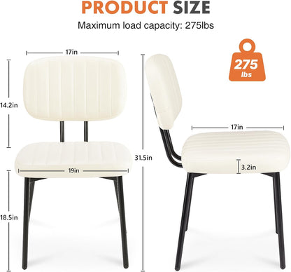 Dining Chairs Set of 2, Upholstered Mid Century Modern Kitchen Accent Chairs with Faux Leather Cushion Seat & Metal Legs for Home Office, Living Room - Cream White