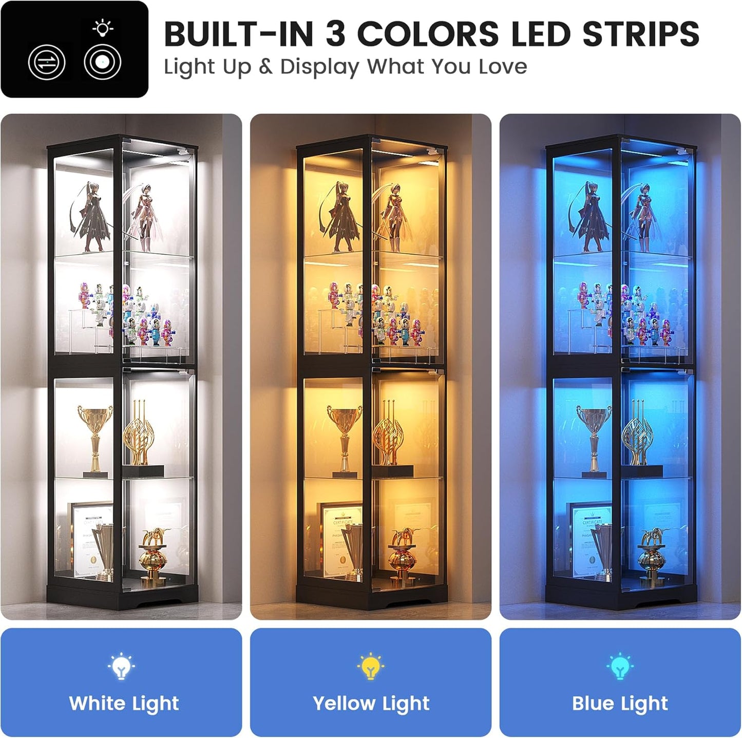 Glass Display Cabinet with Doors, 65" Tall 4-Tier Curio Display Case with 3 Color Lights and Human Body Sensor, Bookcase for Collectibles, Black