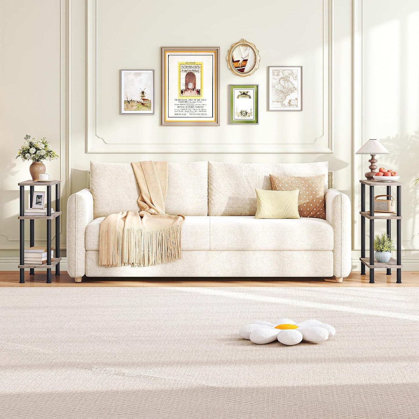 Narrow Side Table, 3-Tier Slim End Table No Tools Needed, Twist-On Assembly, Skinny Nightstand Sofa Storage Shelf for Living Room, Bedroom, Study, Greige and Black BG246BZ01