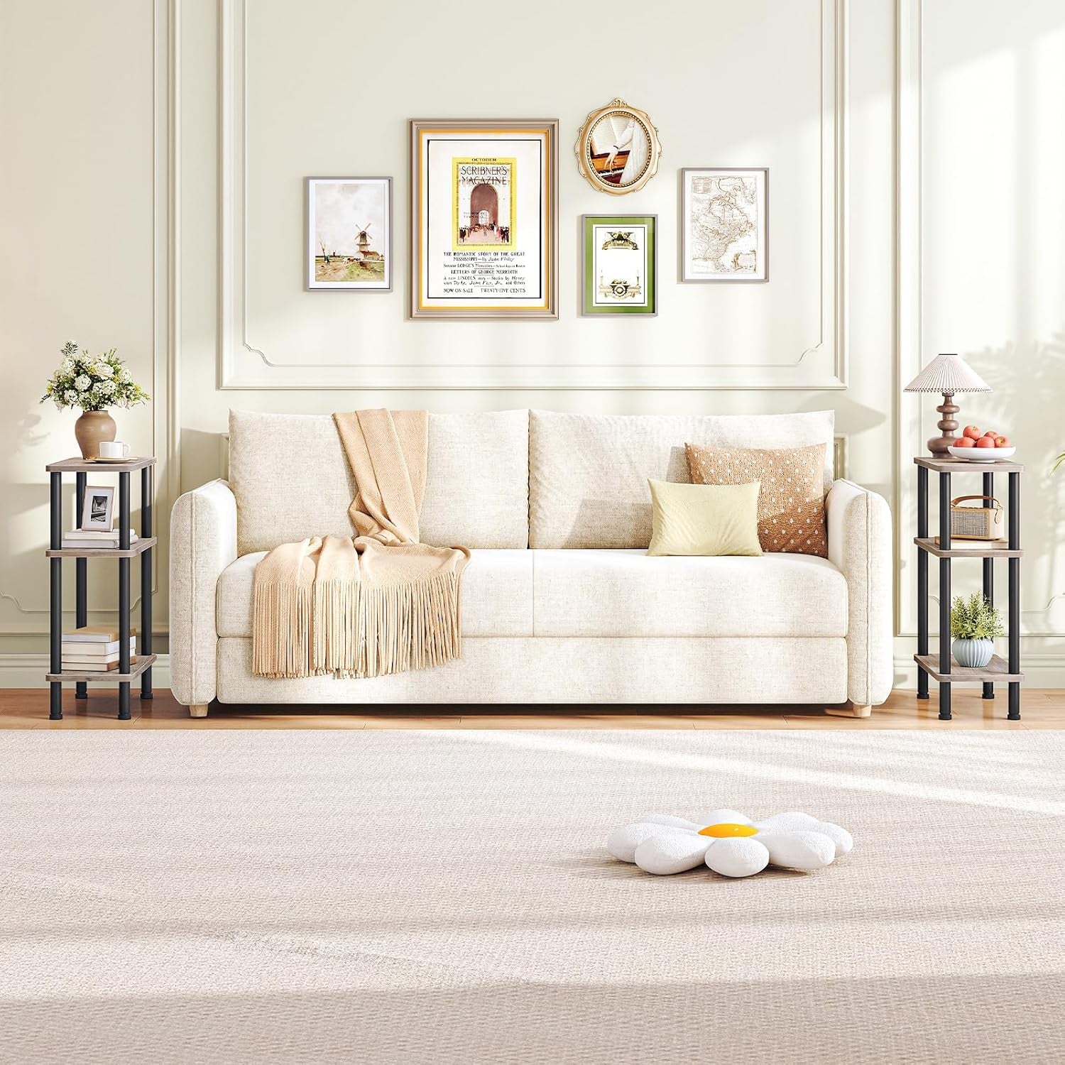 Narrow Side Table, 3-Tier Slim End Table No Tools Needed, Twist-On Assembly, Skinny Nightstand Sofa Storage Shelf for Living Room, Bedroom, Study, Greige and Black BG246BZ01