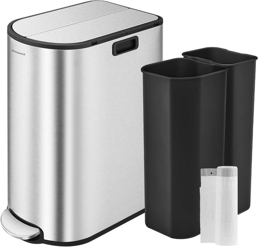 13-Gallon Dual Kitchen Trash Can, 5.3 and 8 Gallon Compartments, Garbage Can with Wing Lids, Stainless Steel, Soft Close, Inner Buckets, Metallic Silver ULTB570E50