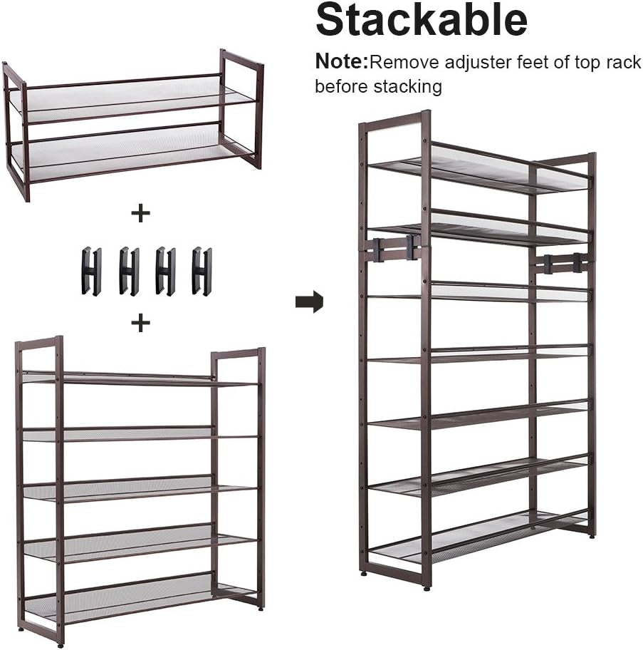 Shoe Rack, 5-Tier Shoe Organizer, Metal Shoe Storage for Garage, Stackable Shoe Shelf, with Adjustable Flat or Angled Shelves, 20-25 Pairs, Bronze ULMR05A