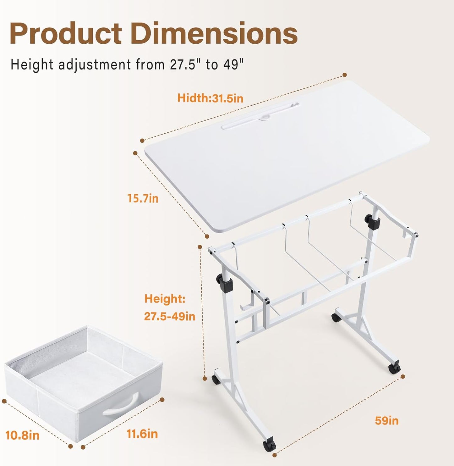 Adjustable Small Standing Desk with Drawers, Height Adjustable Rolling Desk for Home Office, Portable Small Computer Desk with Wheels for Walking Pad, White, Height 27.6"-49.2"