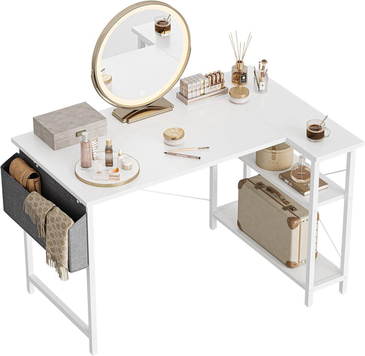 L Shaped Desk, 47 Inch Computer Desk with Reversible Storage Shelves Home Office Corner Desk Study Writing Table, White