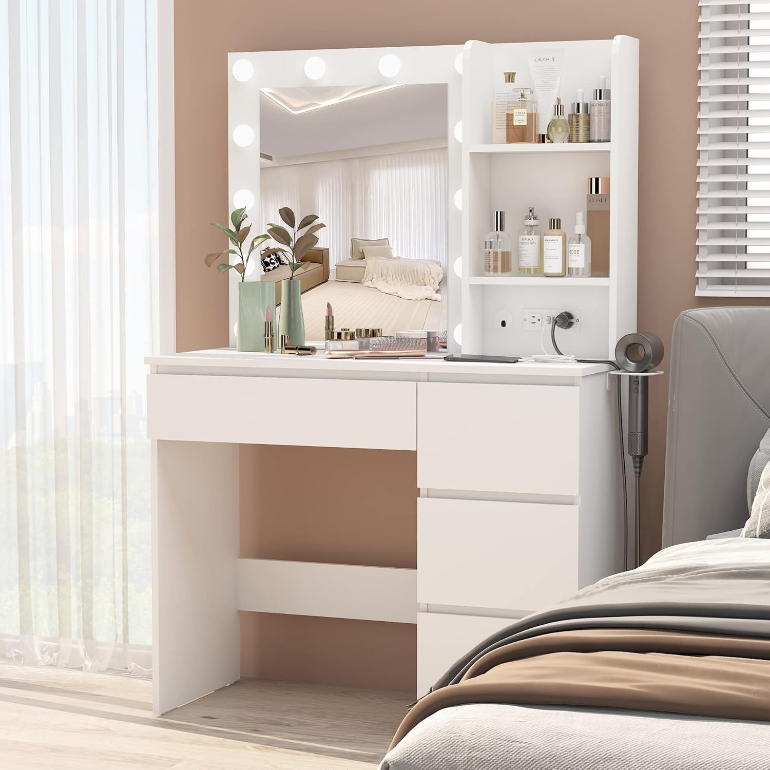 Makeup Vanity with Lights, 37Inch Vanity Desk with Power Strip, 4 Drawers Makeup Table with Lighted Mirror, 3 Lighting Colors, White