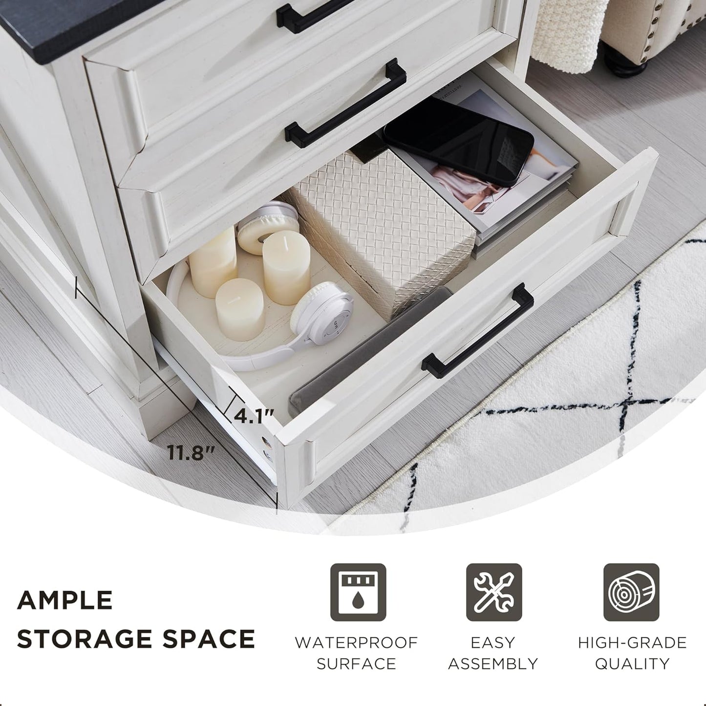 Farmhouse Nightstands Set of 2, 22 Inch Wide End Table with Charging Station & 3 Large Drawers, Rustic Wood Small Dresser Chest of Drawers for Bedroom, Living Room, off White