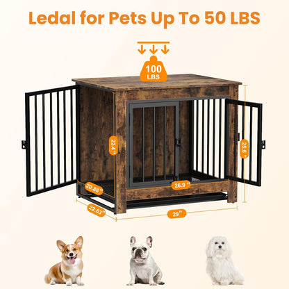 Dog Crate Furniture, Dog Crate End Table for Small and Medium Dogs,Wooden Cage Kennel Furniture Indoor, Modern Dog Crate with Multi-Purpose Removable Tray, Double-Doors Dog Furniture, Rustic Brown