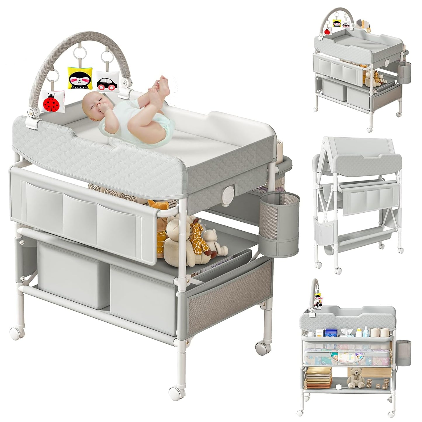 Baby Changing Table with Drawers, Waterproof Versatile Folding Diaper Changing Station with Storage, Adjustable Height, Portable Diaper Chang Ing Station, Mobile Nursery for Infant and Newborn
