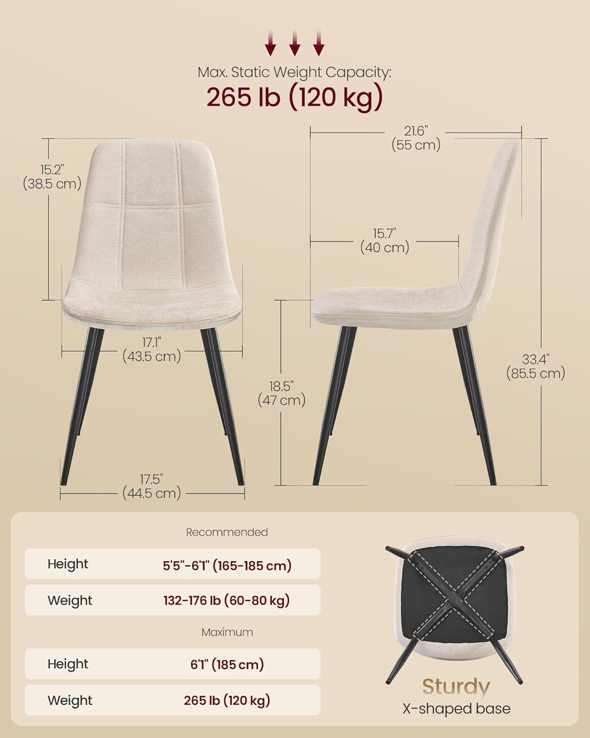 Dining Chairs, Set of 4 Dining Room Chairs, Metal Frame, Adjustable Feet, Easy to Clean, Chenille Fabric, Glacier-Textured Synthetic Leather, for Kitchen, Cream White UKDC188W01