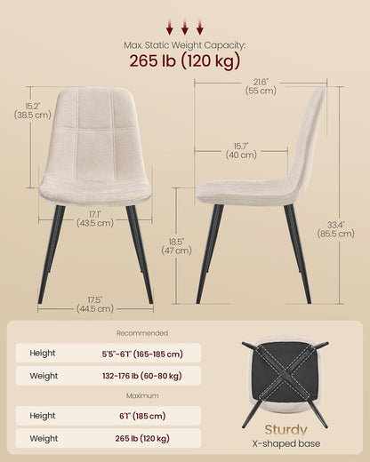 Dining Chairs, Set of 4 Dining Room Chairs, Metal Frame, Adjustable Feet, Easy to Clean, Chenille Fabric, Glacier-Textured Synthetic Leather, for Kitchen, Cream White UKDC188W01