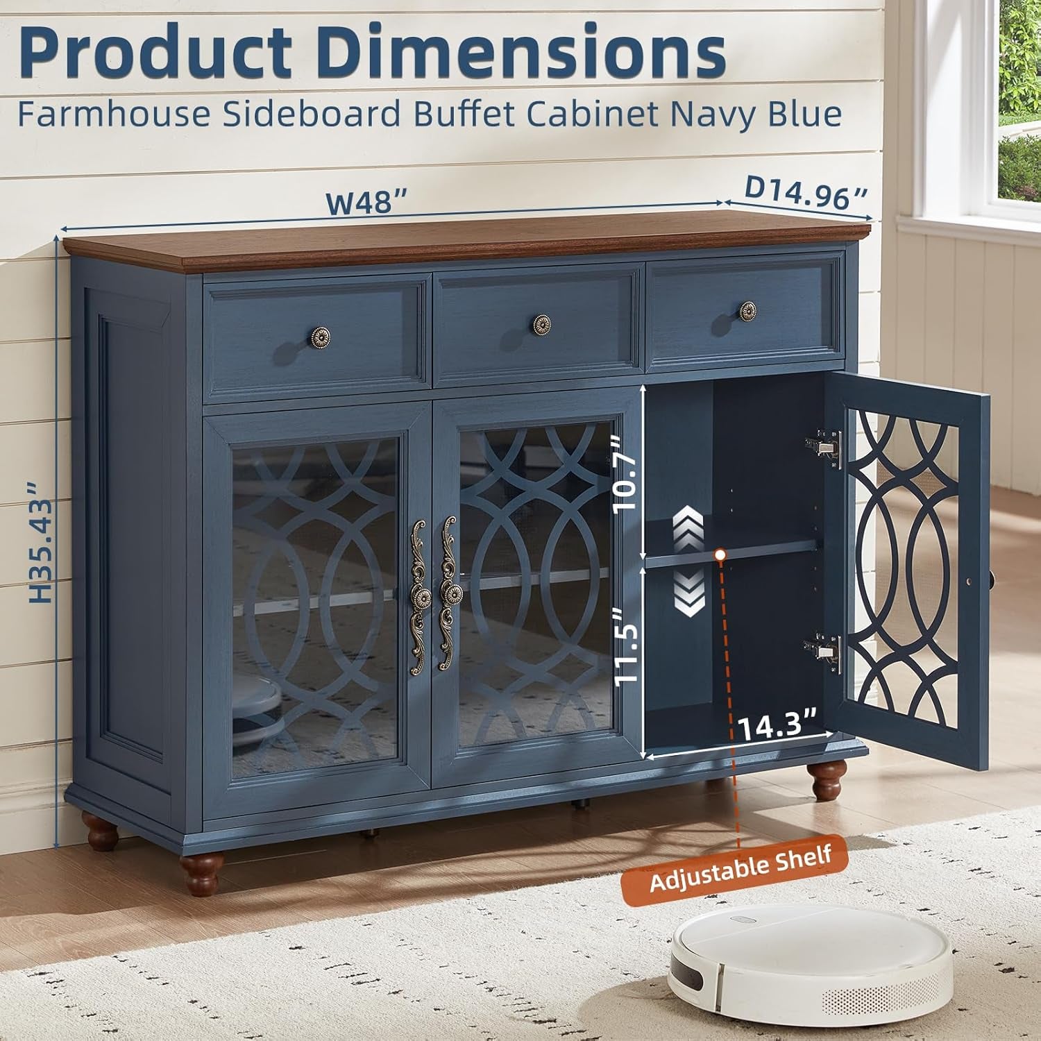 Farmhouse Sideboard Buffet Cabinet with Storage,48" Large Credenza with 3 Glass Doors & 3 Drawers,Adjustable Shelves Console Table,Wood Kitchen Coffee Bar for Dining Room,Living Room,Navy Blue