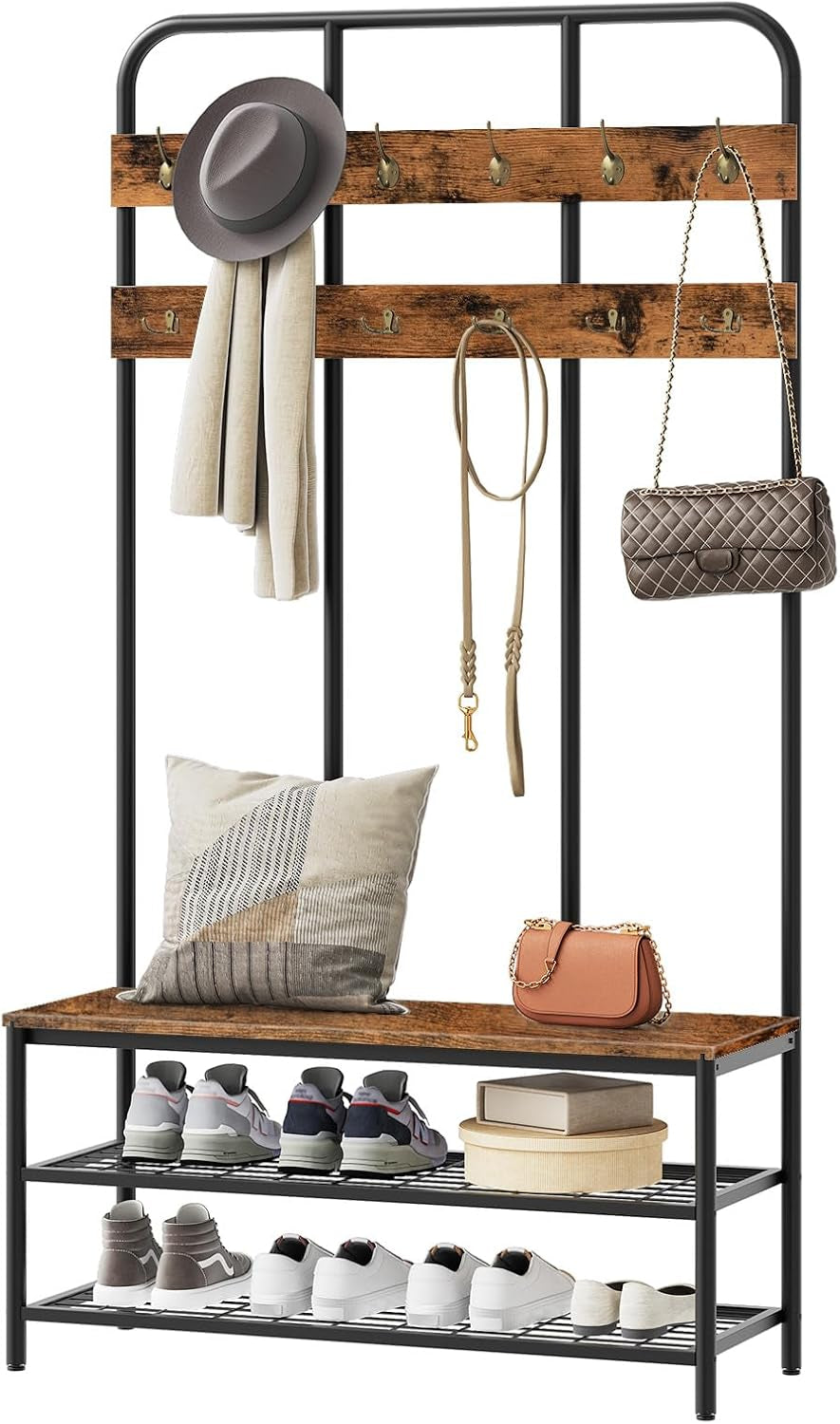 Hall Tree with Bench, Entryway Bench with Coat Rack, Mud Room Rack with 12 Double Hooks and Shoe Storage, Coat Tree, Shoe Rack Organizer, for Foyer, Front Door, Rustic Brown BF05MT01
