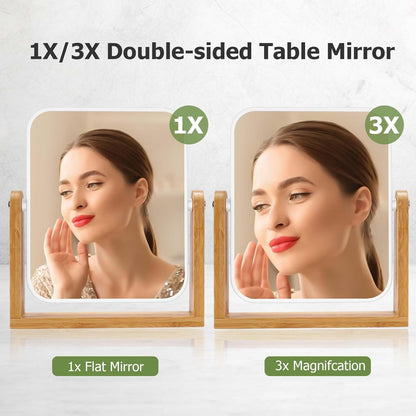 Vanity Makeup Mirror with Natural Bamboo Stand, Double Sided 360 Degree Swivel Magnifying Mirror, Tabletop Magnified Make up Mirror for Bathroom or Bedroom 8 Inch
