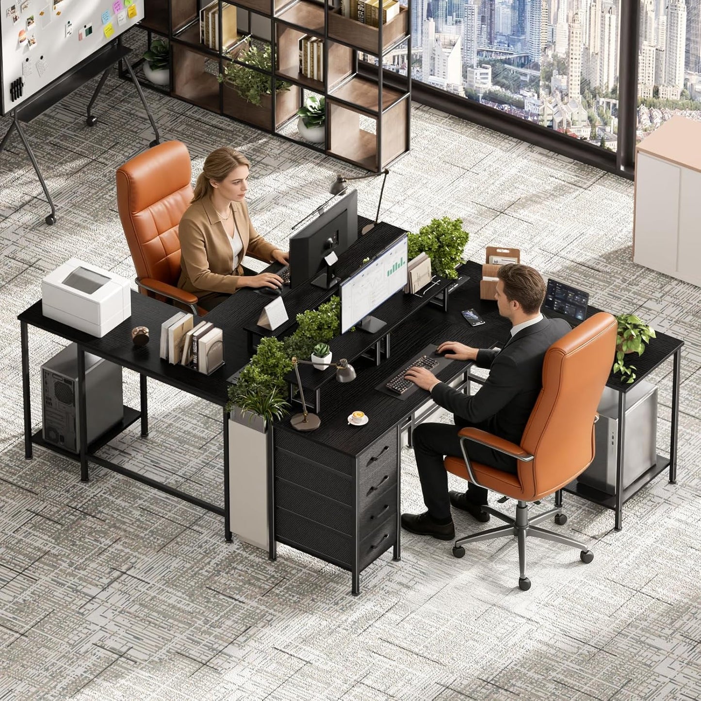 59 Inch L Shaped Computer Desk with Power Outlets, Home Office Desk with 4 Adjustable Storage Drawers & 2 Monitor Stands, Two Person Gaming Table for Bedroom, Black