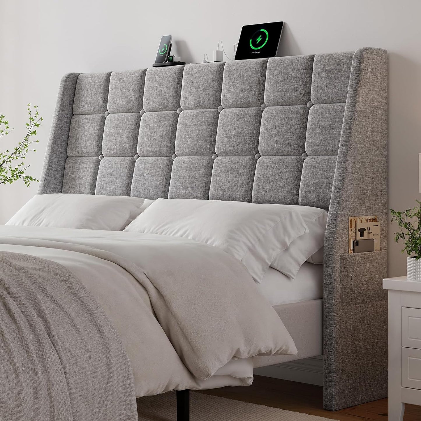 Ergonomic Upholstered Headboard Queen Size W/Charging Station, Linen Wingback Headboards W/Storage Pocket, Queen Headboard Only, Bed Frame Adapters, Sturdy Stable Solid Wood Bed Head Board, Light Grey