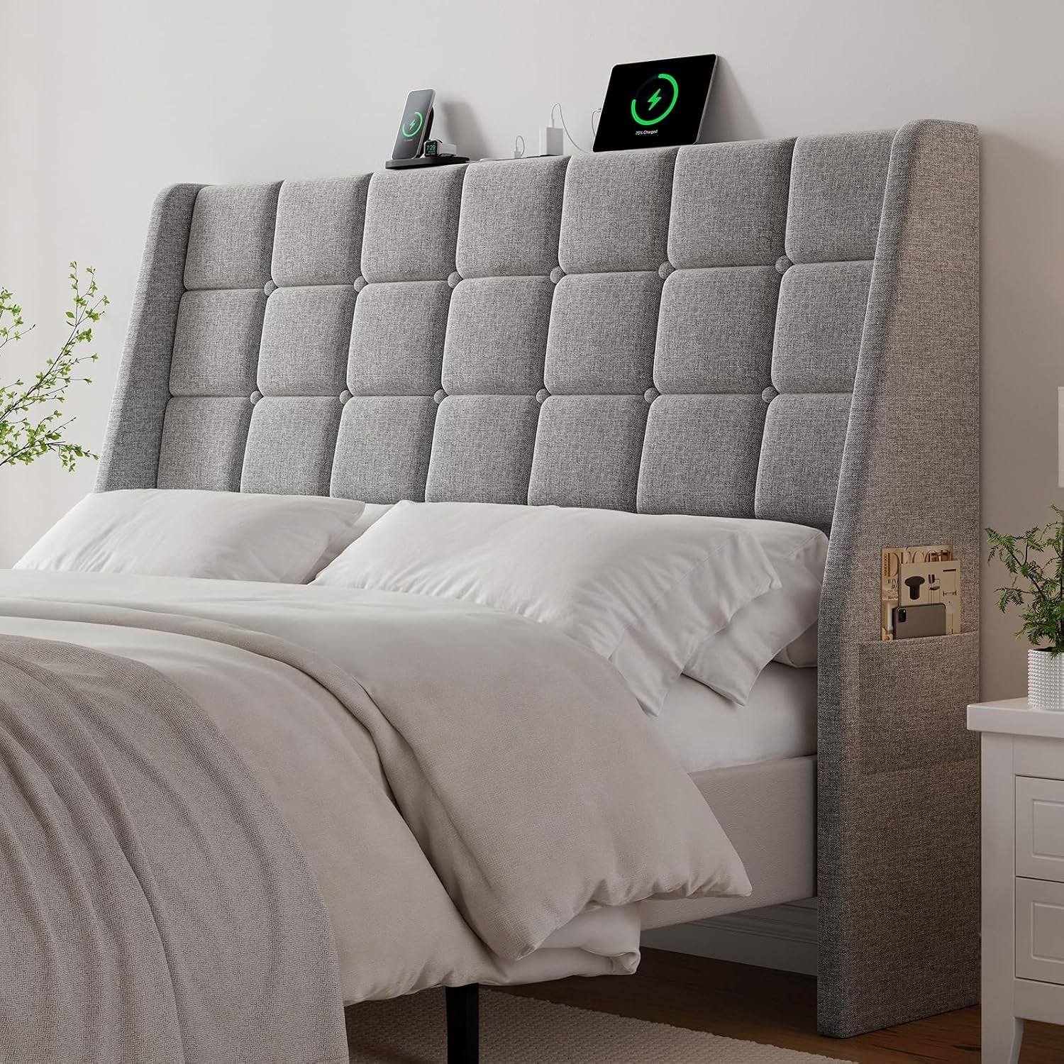 Ergonomic Upholstered Headboard Queen Size W/Charging Station, Linen Wingback Headboards W/Storage Pocket, Queen Headboard Only, Bed Frame Adapters, Sturdy Stable Solid Wood Bed Head Board, Light Grey