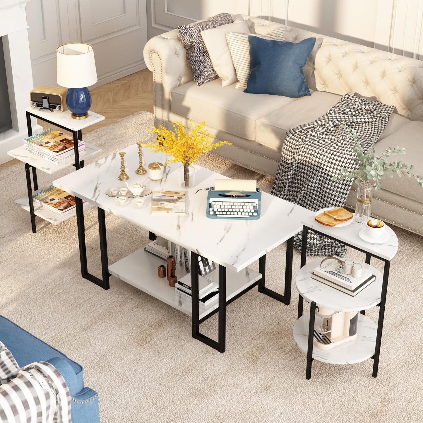 Faux Marble Table Set,Coffee Table & 2 Side Table, Faux Marble Tabletop and Metal Frame, 3 Piece Table Sets, for Living Room Apartment,White & Black