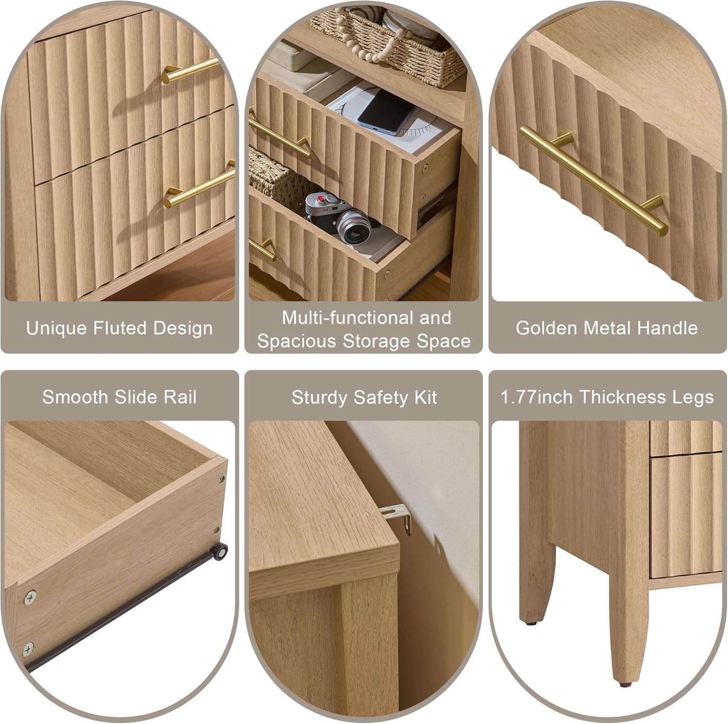 Fluted Nightstand with 2 Drawers, 27" Modern Nightstands Set of 2 with Storage, Large Queen Size Bed Side Table and End Table for Bedroom, Living Room, Office,(Natural Oak,2 Pieces)