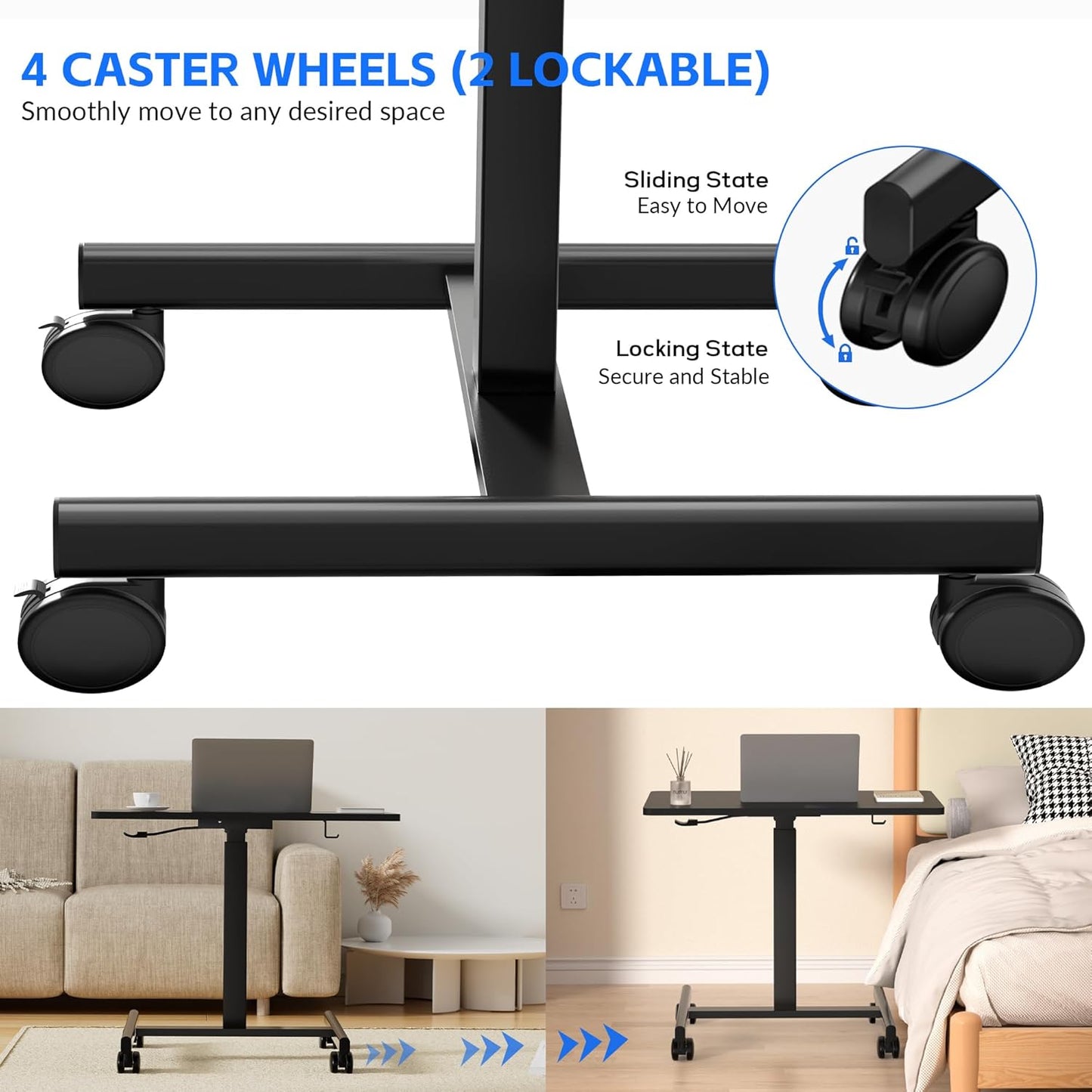 Mobile Laptop Standing Desk Adjustable Height, Small Mobile Desk Workstation with Wheels, Portable Rolling Computer Desk Cart for Home Office Classroom (Black)