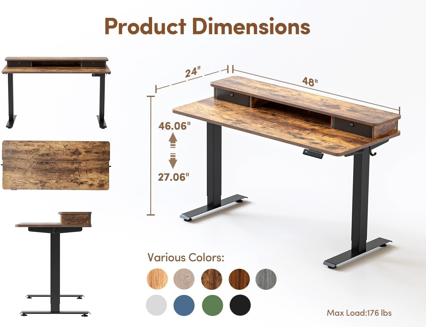 48 X 24 Inch Electric Height Adjustable Standing Desk with Double Drawers, 4 Adjustable Feet & 2 Hooks, Home Office Computer Workstation, Rustic Brown